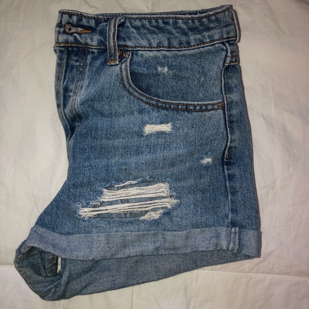 High-Waisted Denim Distressed Shorts